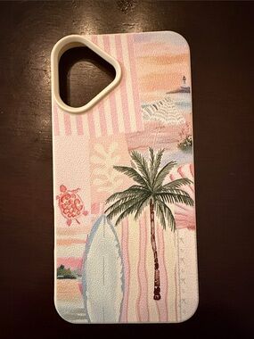 Tropical Palm & Surfboard iPhone 16 Plus Case - Pink, Green, Cream